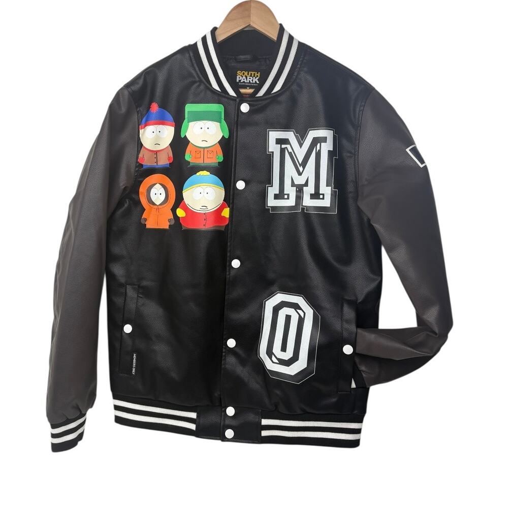 New South Park Members Only Varsity Jacket size S. Faux Leather Black Cartoon
